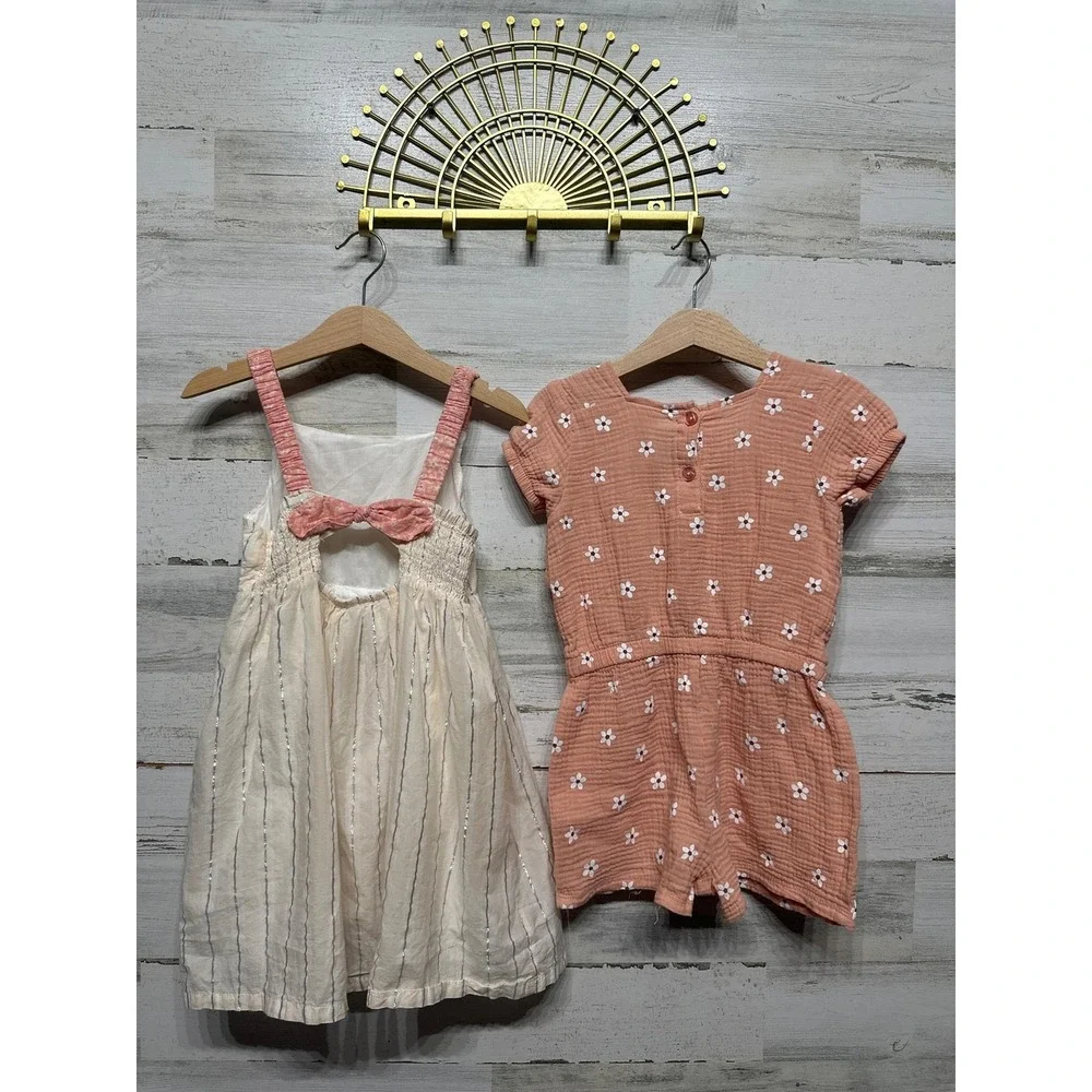 Rachel Zoe Dress Romper Set Girls 5 Pink‎ Cream Metallic Floral Boho EUC